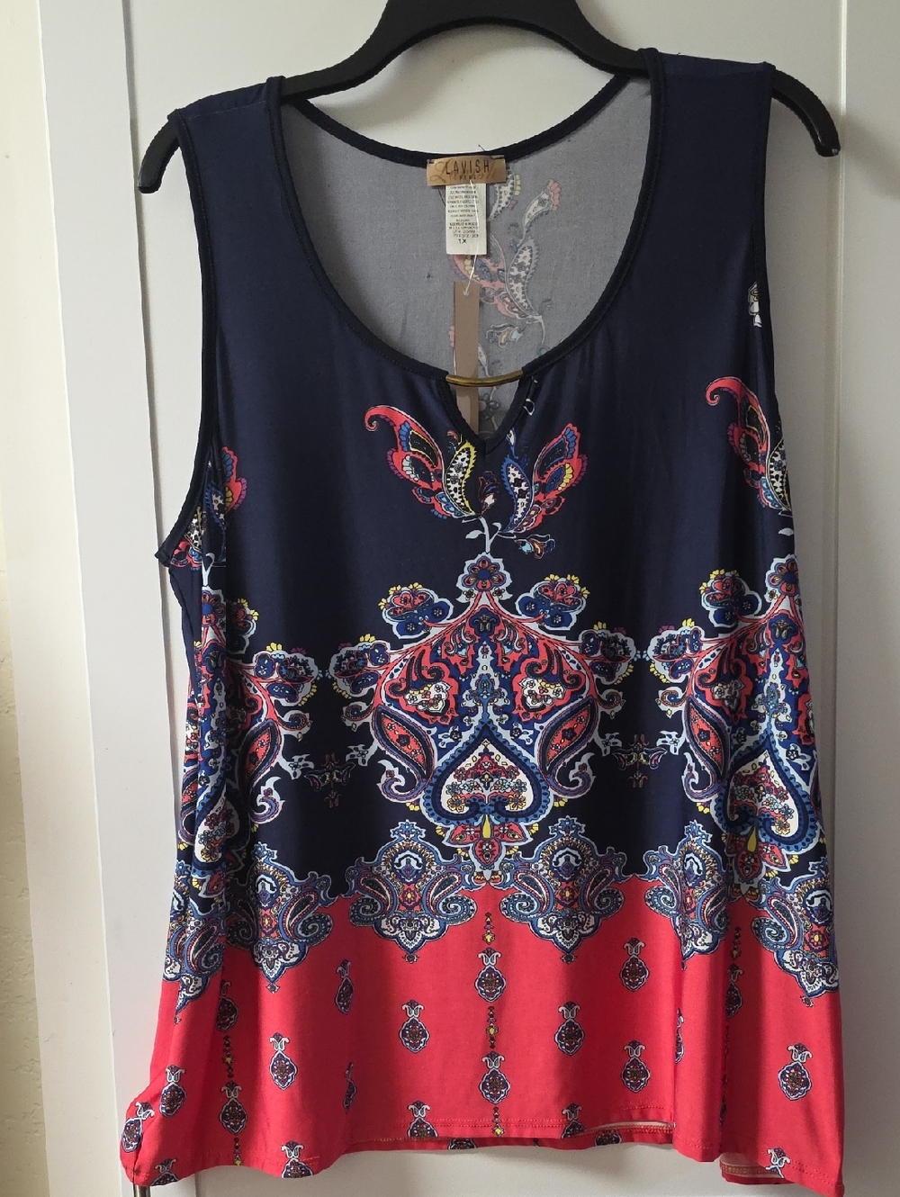 Lavish Navy and Coral Paisley-Print Sleeveless Tank Blouse Size 1X